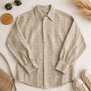 Vintage Kmart Permanent Press 70s Chinoiserie Pagoda Print Button Down Shirt 18